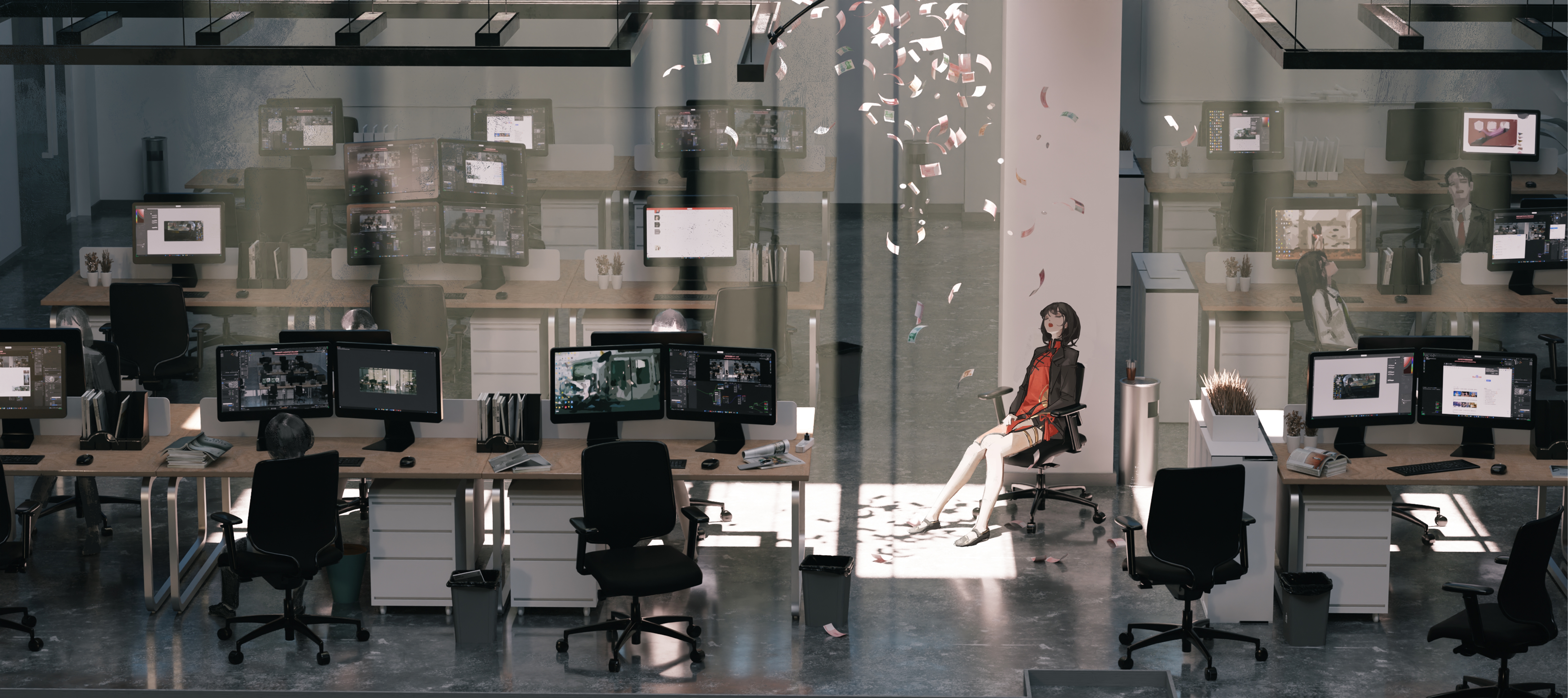 A wide workspace scene filled with screens and desk setups
