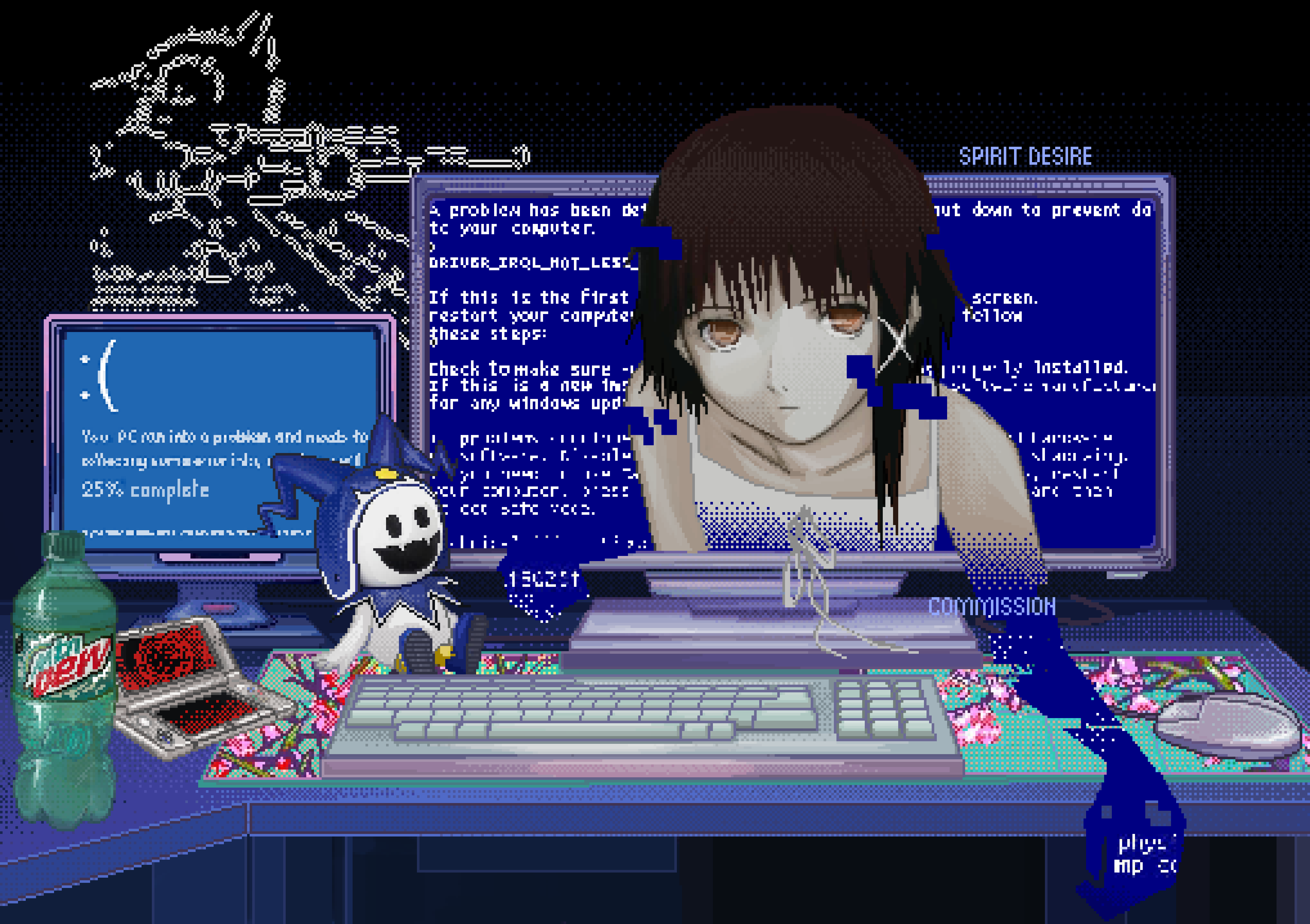 A glitchy blue-screen themed illustration with retro computers
