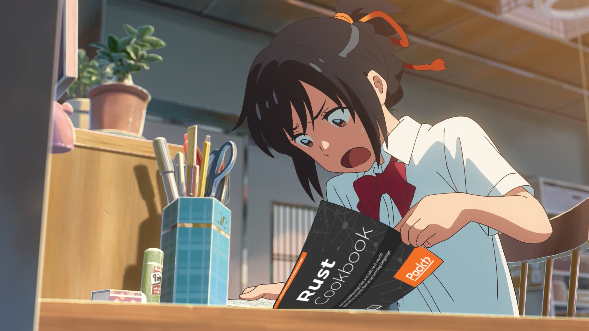 A character reading a Rust cookbook at a desk